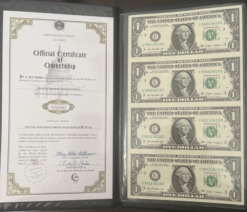 2009 $1 Bills Uncut Sheet World Reserve Monetary Exchange In Book (3) - Picture 1 of 5