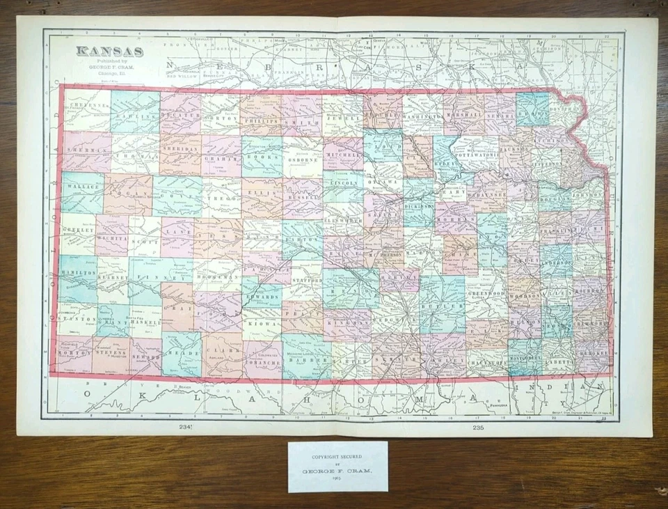 Vintage 1903 KANSAS Map 22"x14" ~ Old Antique Original TOPEKA SHAWNEE COUNTY KS - Image 2 of 4