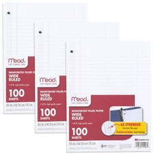 3 Pack Loose Leaf Paper, 300 Sheets Total, Wide Ruled, 8 x 10.5, Reinforced