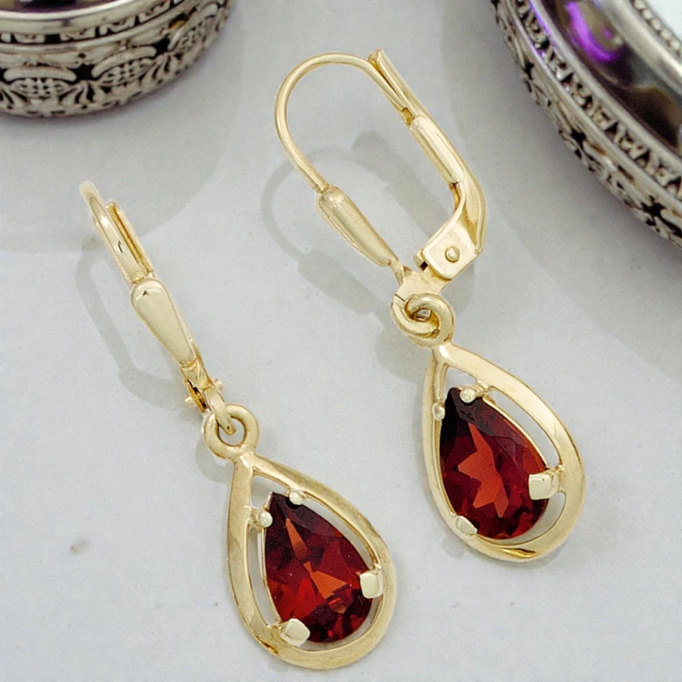 Ohrhänger Tropfen 333 Gold Gelbgold 2 Granate rot Ohrringe Granatohrringe - Bild 1 von 1
