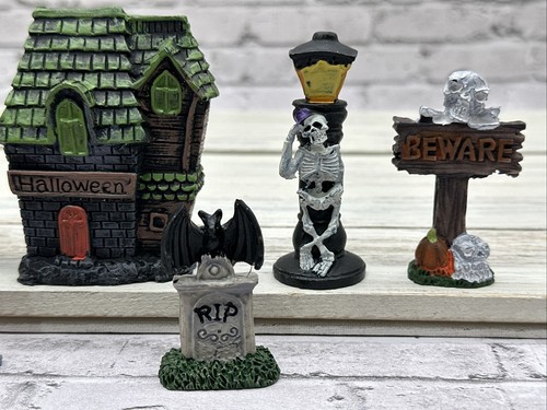 6 Pc Fairy Garden Halloween Scene Haunted House Skulls Miniatures Tray Decor - Picture 3 of 3