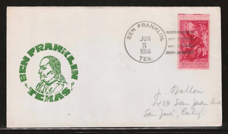 1956 BEN FRANKLIN TEXAS - USPS LAST DAY HAND CANCEL - SEALED TO SAN JOSE CA