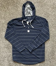 BYLT Drop Cut Lux Hooded Henley Shirt Men's Med Navy Stripe Pullover Long Sleeve