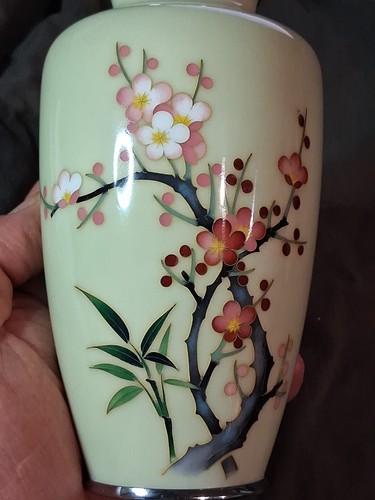 MID CENTURY Japanische Kirschblüten Vase Chromrand oben und unten 6" gepunzt - Bild 13 von 19