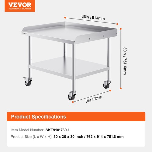 VEVOR 762*914mm Stainless Steel Work Table Commercial Prep Table w/4 Casters 201 - Picture 7 of 12