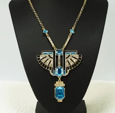 Art Deco Style Gold Tone Chain Blue Crystal Statement Necklace
