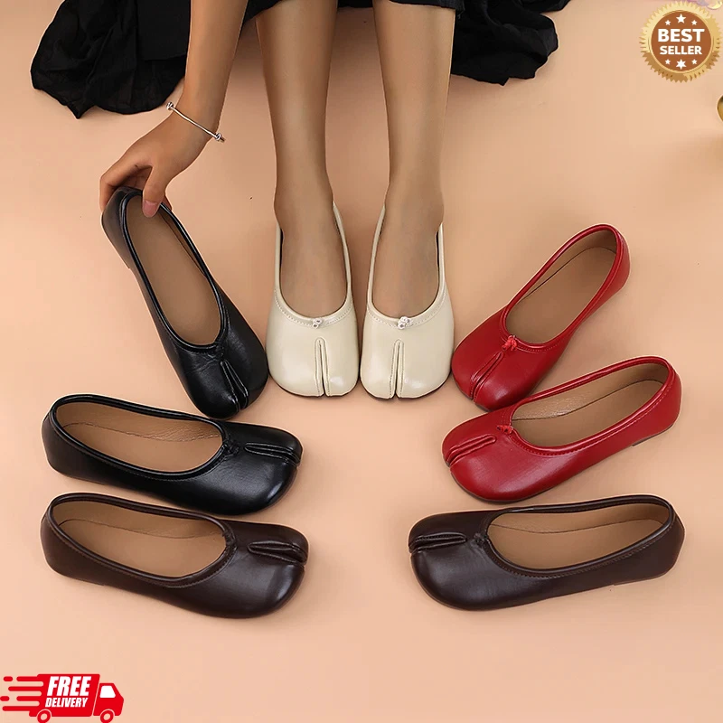 Women’s Leather Tabi Split Toe Ballet Flats Bowtie Court Shoes Fashion Slip On main image
