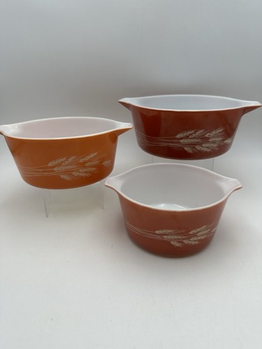Vntg Pyrex Autumn Harvest Wheat Nesting Mixing Bowl Set 473, 474, 475 EXCELLENT
