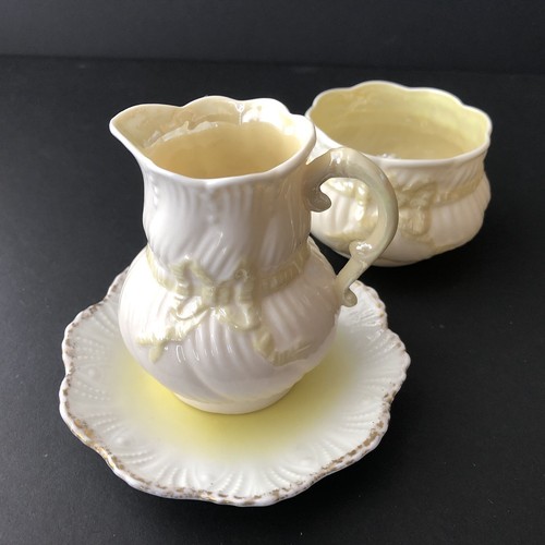 Irish Belleek RIBBON Pattern Creamer and Sugar Bowl, Green Mark, PLUS SAUCER - Picture 10 of 10