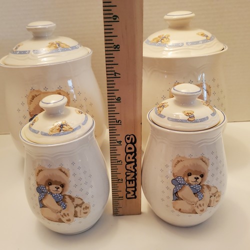 4 Vtg Tienshan Stoneware Country Teddy Bear Kitchen Canister Jars + Butter Dish - Picture 12 of 15