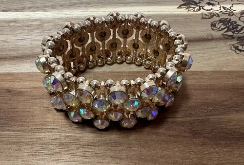 ELEGANTES GOLDFARBENES AB KRISTALL MIT STRASS STRETCH STATEMENT MANSCHETTENARMBAND - Bild 1 von 3