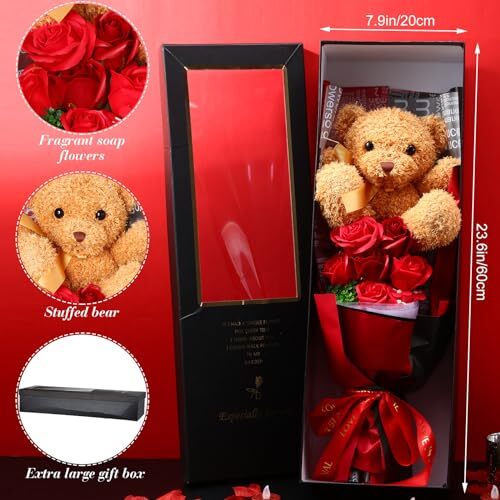 Preserved Flowers Rose Bouquet with Bear, 15 Inch Gift Box with Rose Plush - Picture 4 of 8