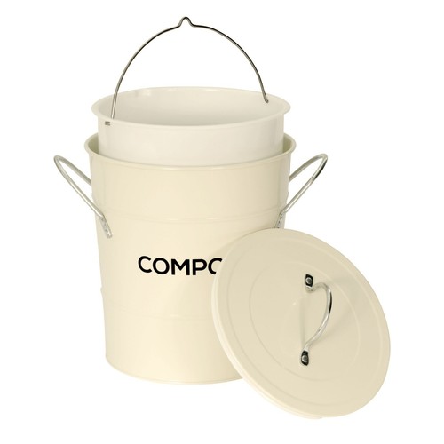 Cream Compost Caddy with inner bucket - Kitchen Compost Bin - Metal Pail - Picture 4 of 6