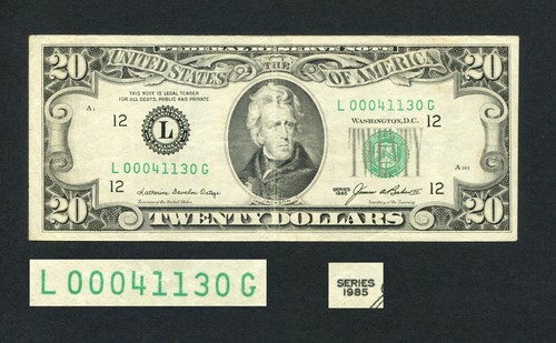 $20 Dollar 1985 Bill Note Low Serial Number L00041130 Circulated Small Head