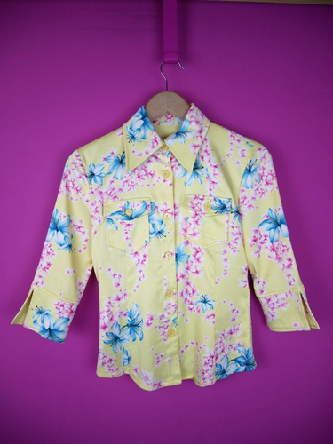 vintage 19990s y2k 2000s floral pastel yellow crop blouse shirt top small 8 10 - Picture 2 of 13