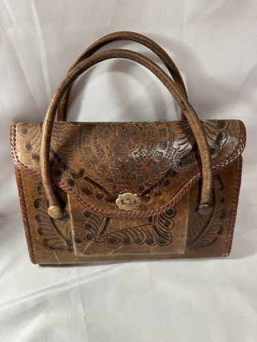 Vtg Hand Tooled Leather Handbag Brown Purse Boho Rockabilly Western Aztec Sun - Picture 1 of 22