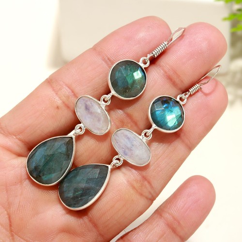 Natural Labradorite Moonstone Drops Dangle Gemstone Earring 925 Sterling Silver - Picture 1 of 6