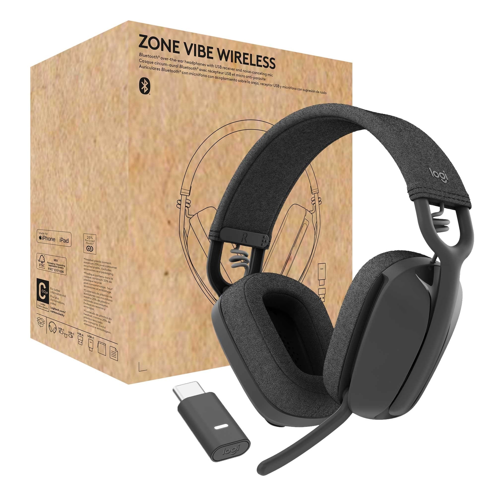 Беспроводная гарнитура Logitech Zone Vibe для бизнеса - стереогарнитура, Графит, USB-A/C, ...
