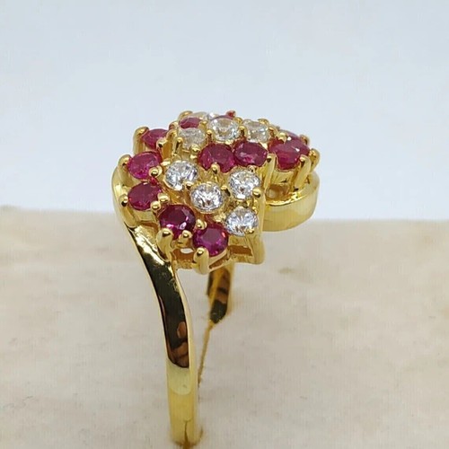 3Ct Round Cut Simulated Red Ruby Cluster Engagement Ring 14K Yellow Gold Plated - Picture 6 of 8