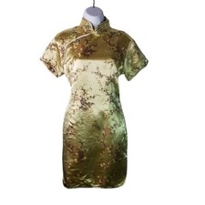 Vtg gold cheongsam oriental dress SEE MEASUREMENTS