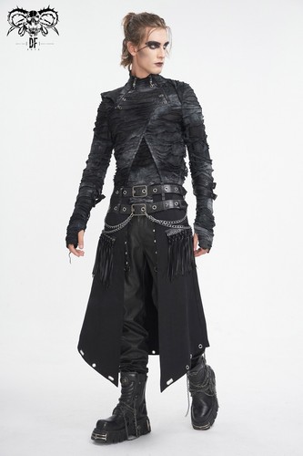 Teufelsmode Herren Doppelgürtel dunkel Gothic Punk Leder quasiert offener Vorderrock - Bild 10 von 22