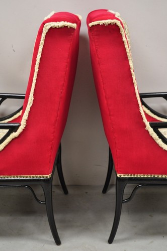 James Mont Style Black Chinese Chinoiserie Fretwork Red Lounge Chairs - a Pair - Picture 11 of 12