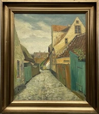 Impressionist Oil Painting Sunny Day Small Town Alley Denmark 