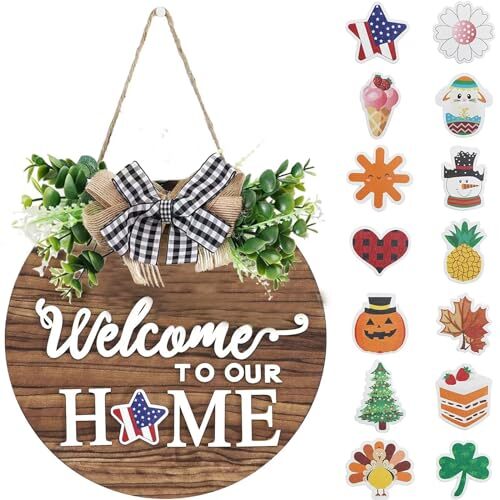 Interchangeable Seasonal Welcome Sign Front Door Decoration, Rustic Round Wood