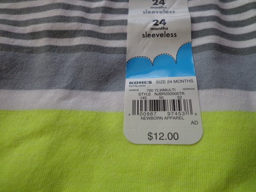 JUMPING BEANS niños nuevo con etiquetas talla 24M sin mangas rayas gris/amarillo/blanco tanque con bolsillo - Imagen 3 de 4