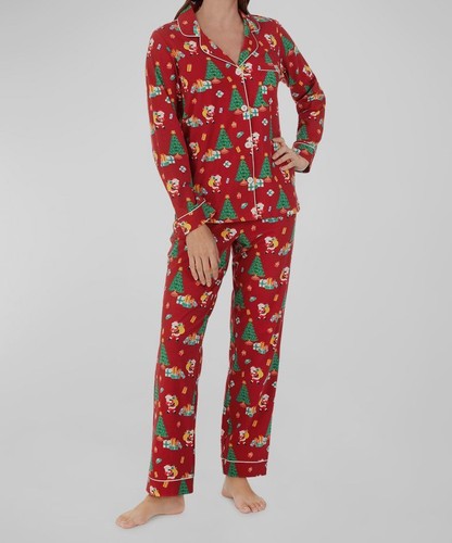 $ 135 Bettkopf Damen rot Knopf Urlaub Weihnachten Pyjama Set Nachtwäsche Größe S
