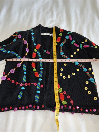 Michael Simon Sweater SZ 1 Embroidered Beads & Buttons Covered Button Front - Picture 11 of 13