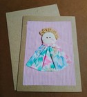 Fabric Doll Greeting Card Blank All Occasion Pink Stripes Floral Dress Yarn Hair