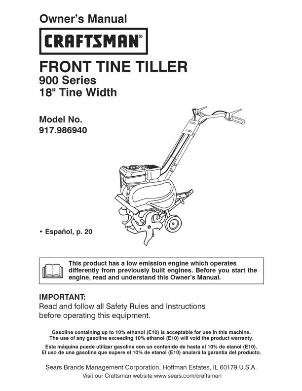 Owner’s Manual Sears Craftsman 900 Series Front Tine Tiller Model 917