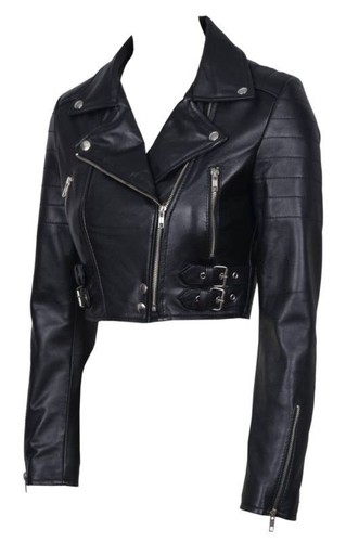 Women's Black Jacket Cropped Leather Chic Biker Gothic Short Jacket - Picture 3 of 7
