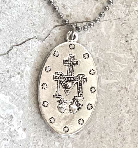 Miraculous Medal Necklace Pendant Virgin Mary Silver Blue Large 1-3/4" 24" Chain - Picture 2 of 4