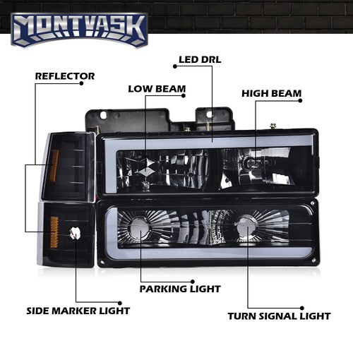 Fit For 94-00 Chevy GMC C/K 1500 2500 3500 LED DRL Smoke Lens Black Headlights - Picture 3 of 10