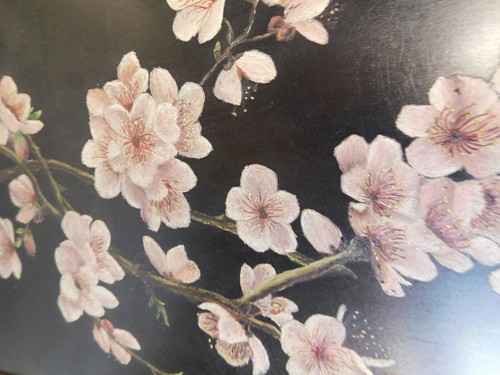 VICTORIAN~OIL PAINTING ON PANEL~BRANCHES~CHERRY BLOSSOMS~ANTQ BLACK & GOLD FRAME - Picture 2 of 18