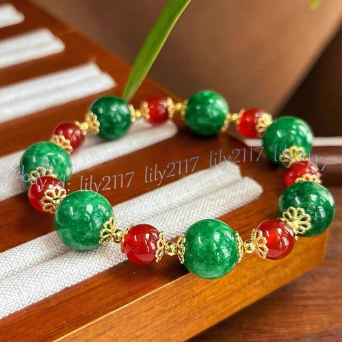 Natural 8mm Red Jade 14mm Green Jade Gemstone Round Beads Elastic Bracelet 7.5'' - Picture 1 of 6
