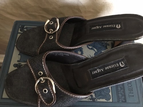 Etienne Aigner Womens Slides Sandals Black Denim HORSESHOE BUCKLES 9 M Chi Chi - Picture 4 of 8