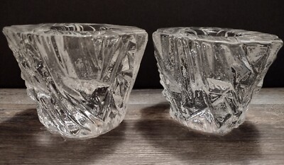 ORREFORS Signed Sweden  ICY'' Crystal Votive Candle Holders- Heavy- Set Of Two