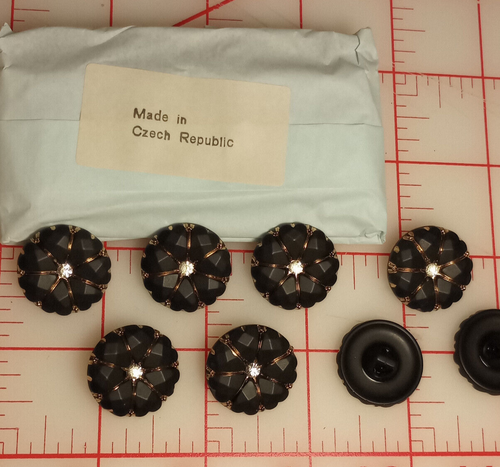 3 Vintage 7 Petal Black Bronze Czech Glass Shank Buttons Rhinestone Center #483 - Picture 3 of 6