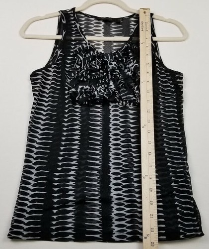 Camiseta sin mangas para mujer The Limited XS negra blanca abstracta con volantes elásticos transparentes - Imagen 9 de 10