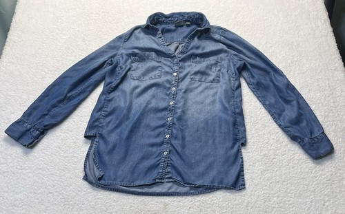 Soho New York & Company Shirt Women M Blue Button Up Roll Tab Denim Hi Low Boho - Picture 2 of 8