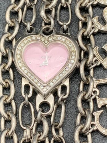 VTG Rare Y2K Guess Silver Tone Chain Pink Heart Watch Bracelet Charms 90s - Picture 4 of 10
