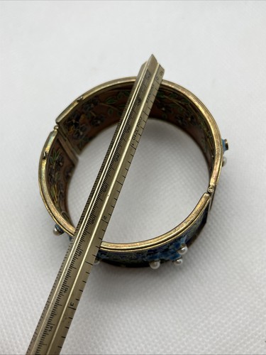 Vintage Sterling 925 Silver Cloisonné Enamel Pearl Hinged Bangle Bracelet AS-IS - Picture 9 of 11