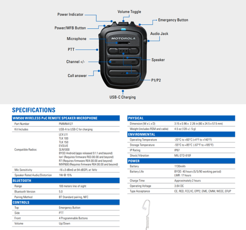 WM500 Wireless PoC Remote Speaker Microphone PMMN4127 , Evolve LTE ,MOTOTRBO Ion - Picture 3 of 6
