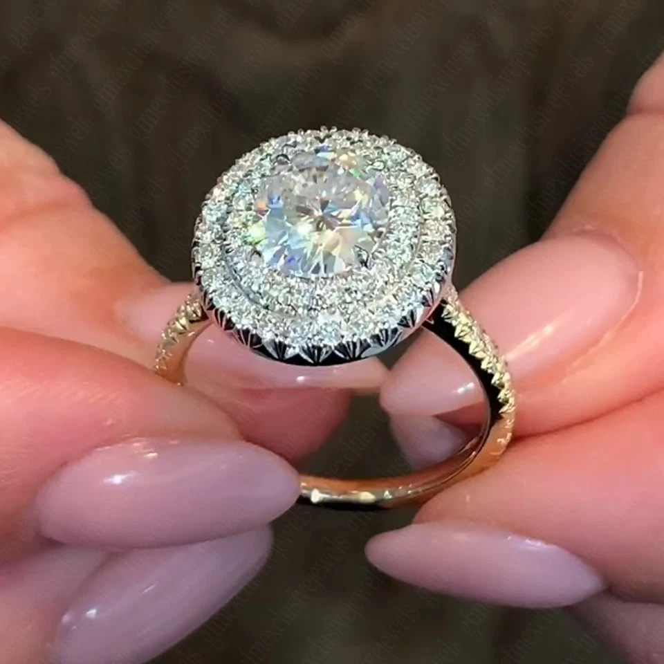 2.34 TCW 椭圆形切割莫桑石双光环订婚戒指 14k 双色金色 — 第 4/4 张图片