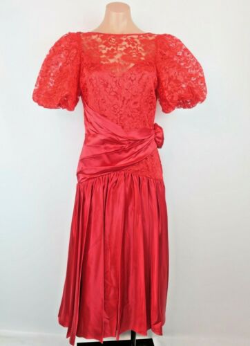 Vintage 80s Prom Dress Red Lace Bows Party Puffy Sleeve Ruched Satin sz 10 ILGWU - Picture 3 of 10