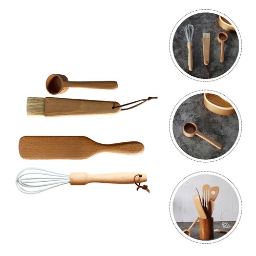 4 Pezzi Utensili Cucina Legno Spatola Batti Uova Frusta Paletta Legno - Foto 3 di 12