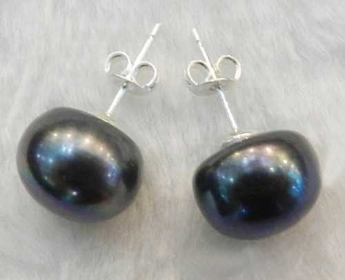 Huge 12-13mm Genuine Natural Black Tahitian Pearl Beads Silver Stud Earrings AAA - Picture 3 of 3